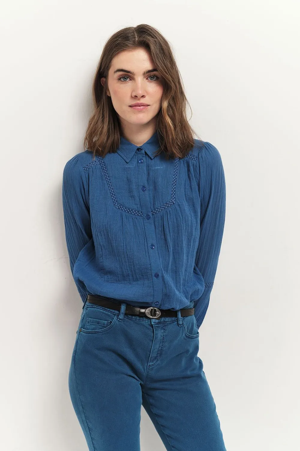 Chemises^One Step Chloe - Chemise Santorin Blue Broderies Placees