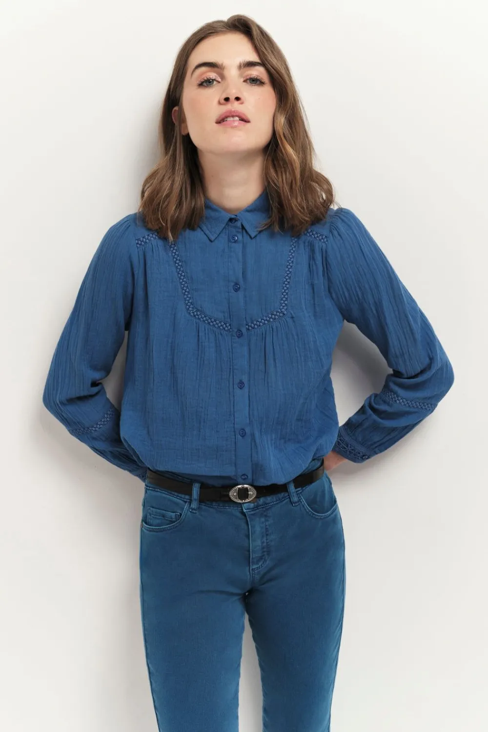 Chemises^One Step Chloe - Chemise Santorin Blue Broderies Placees