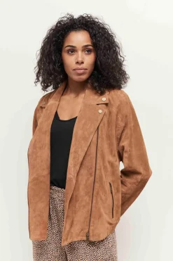 Vestes & Blousons^One Step Diken - Blouson Caramel Esprit Motard En Cuir Velours Certifie