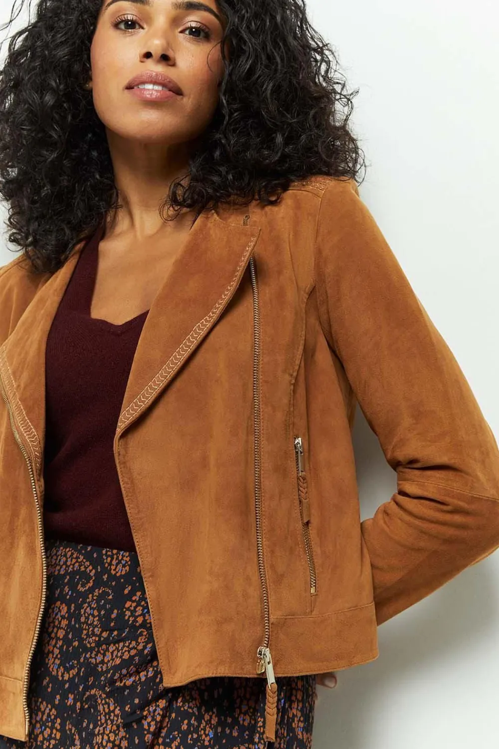 Vestes & Blousons^One Step Diya - Blouson Cognac En Cuir Velours