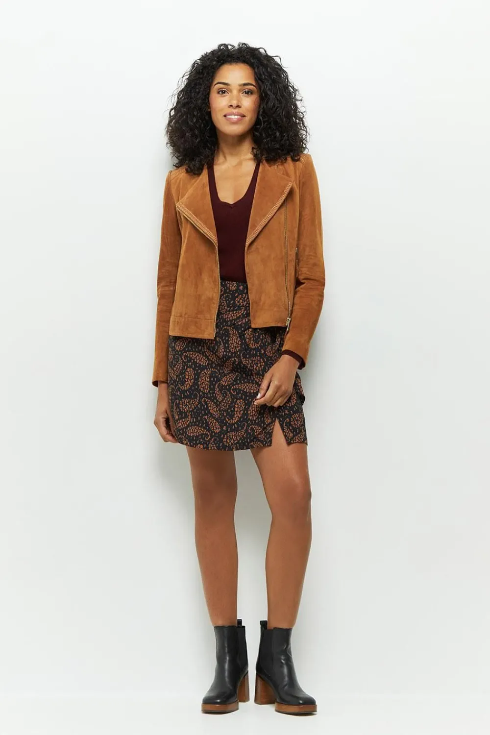 Vestes & Blousons^One Step Diya - Blouson Cognac En Cuir Velours