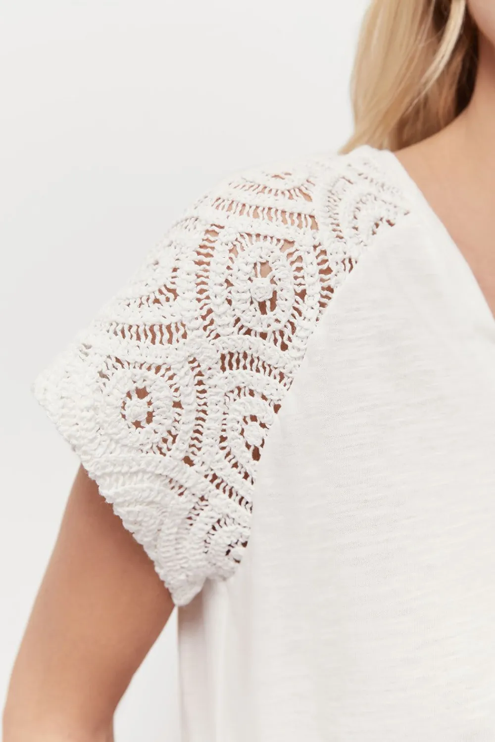 T-Shirts^One Step Macha - T-Shirt Ecru Manches Maille Crochet