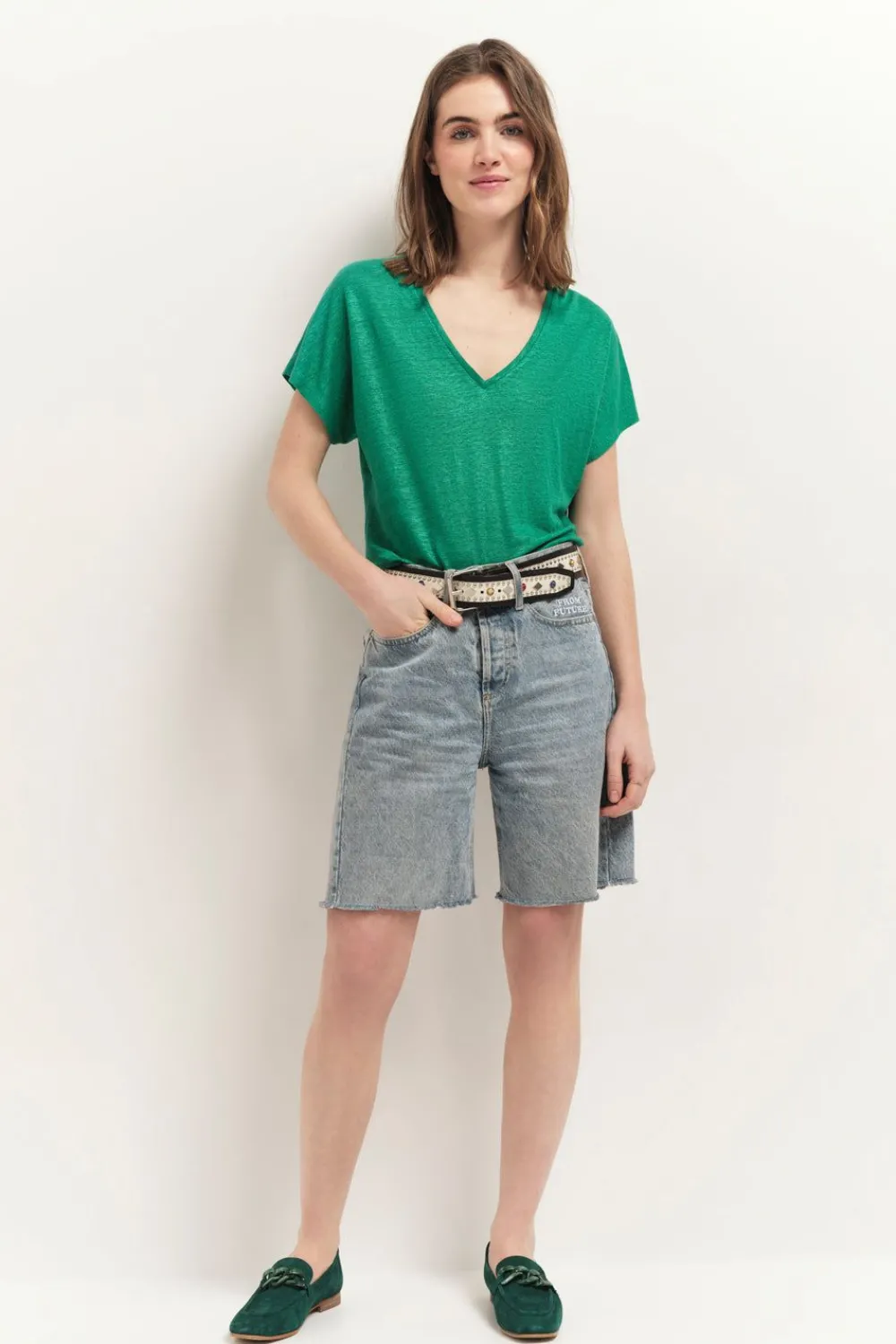 T-Shirts^One Step Magic - T-Shirt Green Grass Maille Lin Pailletee