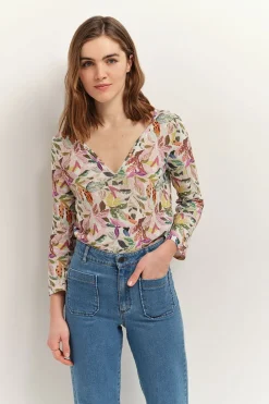 T-Shirts^One Step Magnetic - T-Shirt Ivoire Maille Coton Lin A Imprime Jungle Bigarre