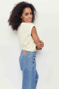 T-Shirts^One Step Marcia - T-Shirt Ecru Jacquard A Motif Rayures Jaunes