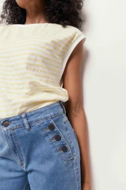 T-Shirts^One Step Marcia - T-Shirt Ecru Jacquard A Motif Rayures Jaunes