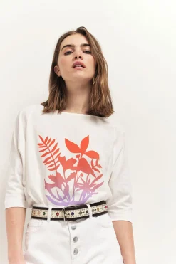 T-Shirts^One Step Marco - T-Shirt Ecru Coton Bio Visuel Feuillages Effet Deep Dye