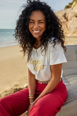 T-Shirts^One Step Marlon - T-Shirt Ecru Coton Bio Message Paillettes Dorees