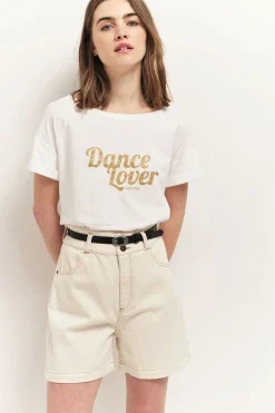 T-Shirts^One Step Marlon - T-Shirt Ecru Coton Bio Message Paillettes Dorees