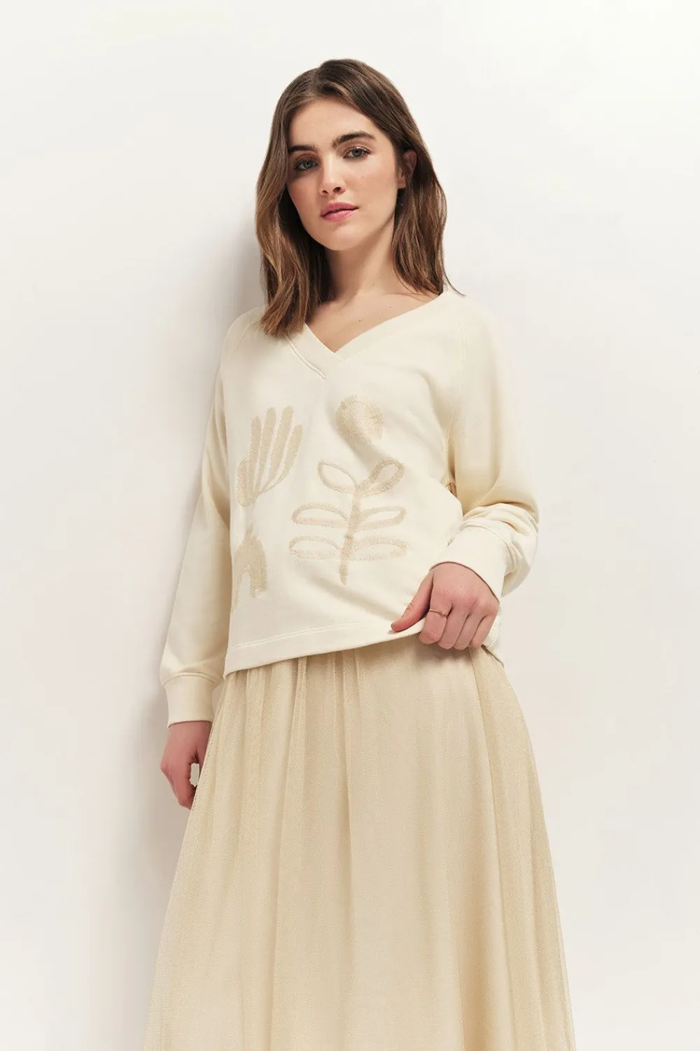 Pulls, Gilets & Sweats^One Step Mezzo - Sweat Ivoire Broderies Visuels Arty Minimal