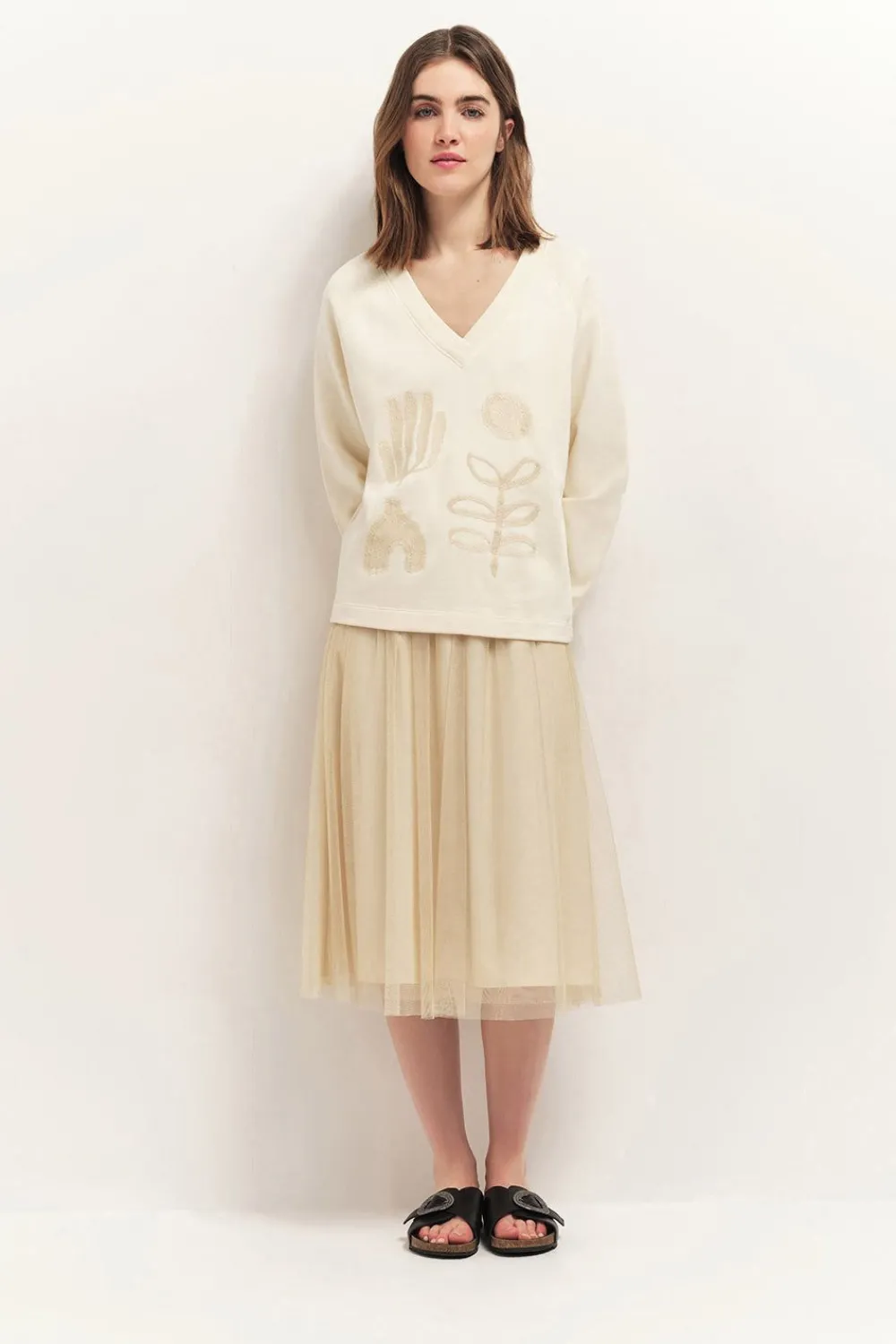 Pulls, Gilets & Sweats^One Step Mezzo - Sweat Ivoire Broderies Visuels Arty Minimal