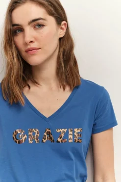 T-Shirts^One Step Mica - T-Shirt Santorin Blue Coton Bio Message Motif Leopard Metallise