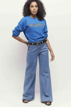 Pulls, Gilets & Sweats^One Step Midi - Sweat Santorin Blue Message Brode Motif Leopard