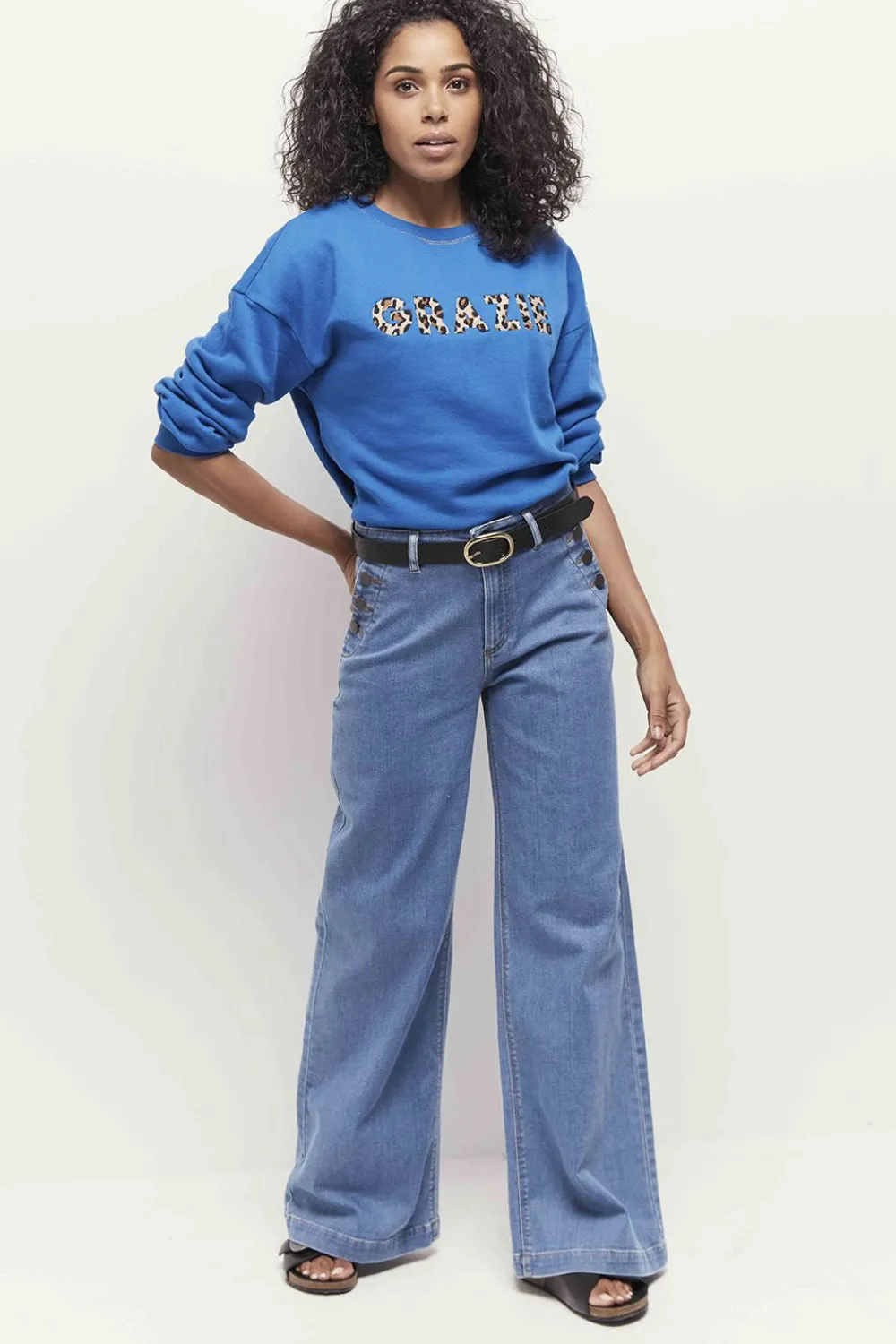 Pulls, Gilets & Sweats^One Step Midi - Sweat Santorin Blue Message Brode Motif Leopard