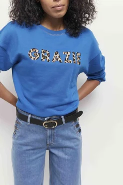 Pulls, Gilets & Sweats^One Step Midi - Sweat Santorin Blue Message Brode Motif Leopard