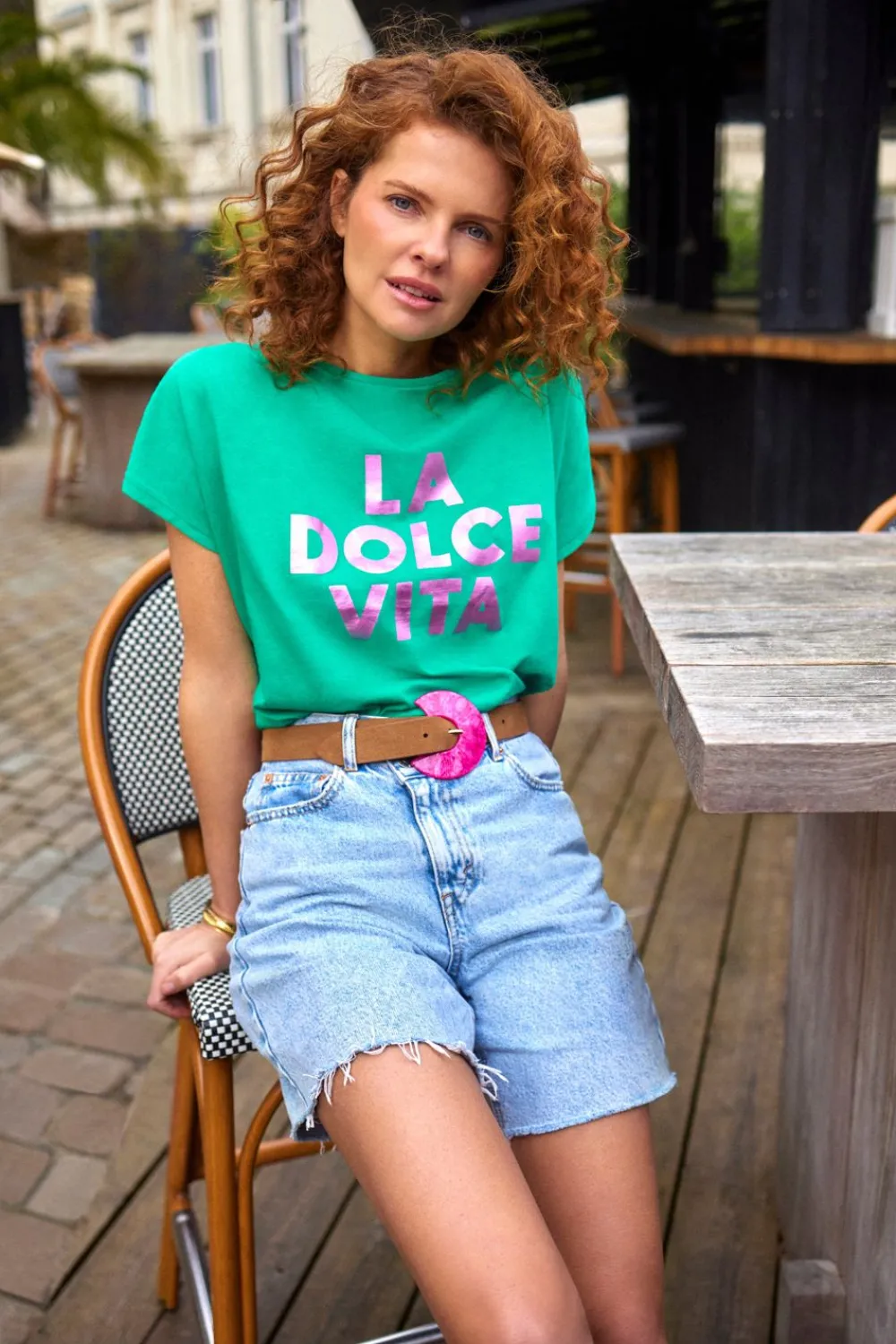 T-Shirts^One Step Minos - T-Shirt Green Grass Coton Bio Message Rose Metallise