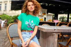 T-Shirts^One Step Minos - T-Shirt Green Grass Coton Bio Message Rose Metallise