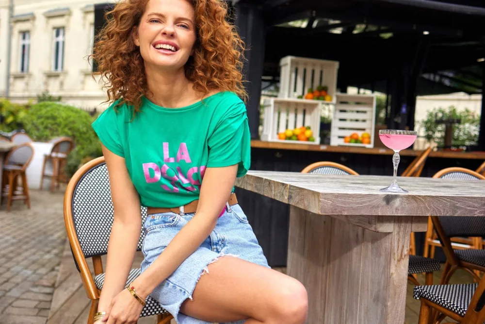 T-Shirts^One Step Minos - T-Shirt Green Grass Coton Bio Message Rose Metallise