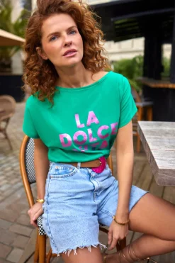 T-Shirts^One Step Minos - T-Shirt Green Grass Coton Bio Message Rose Metallise