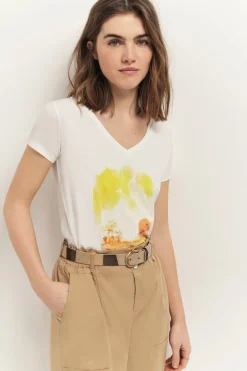 T-Shirts^One Step Mira - T-Shirt Ecru Coton Bio Serigraphie Palmiers