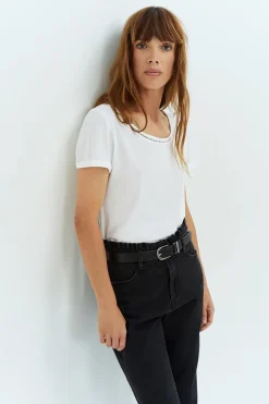 T-Shirts^One Step Mysty - T-Shirt Blanc Coton Bio Avec Galon Broderie