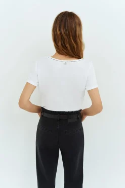 T-Shirts^One Step Mysty - T-Shirt Blanc Coton Bio Avec Galon Broderie