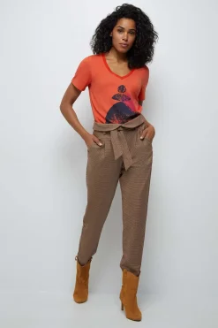 Denims & Pantalons^One Step Pearl - Pantalon Neo-Carotte Acajou Ceinture A Motif Pied-De-Poule