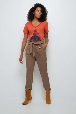 Denims & Pantalons^One Step Pearl - Pantalon Neo-Carotte Acajou Ceinture A Motif Pied-De-Poule