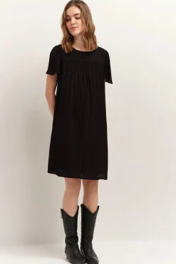 Robes & Combinaisons^One Step Revia - Robe Noire En Crepe Broderies Ton Sur Ton