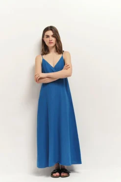 Robes & Combinaisons^One Step Rimini - Robe Longue Santorin Blue A Fines Bretelles En Lin