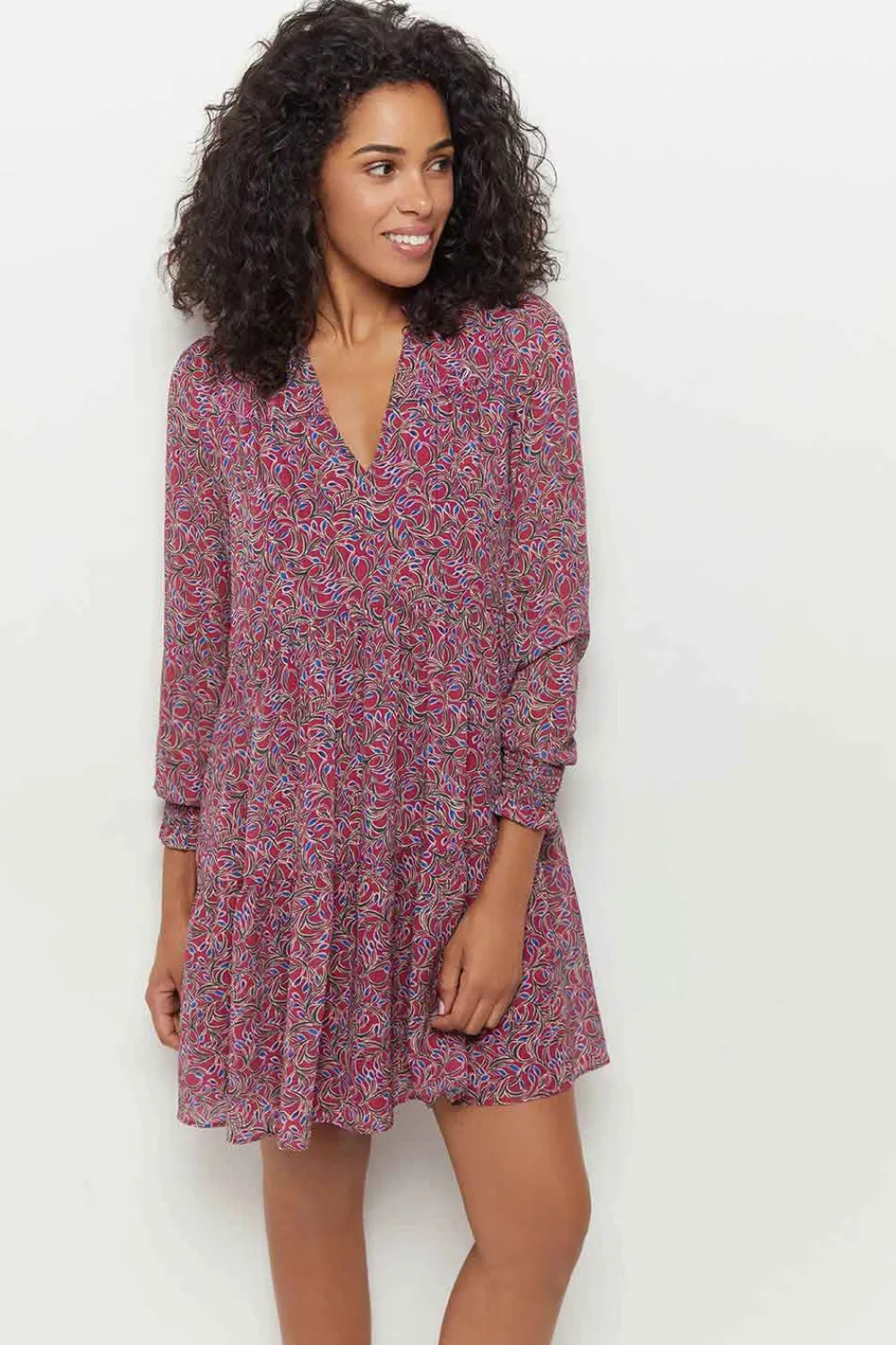 Robes & Combinaisons^One Step Risota - Robe Fuchsia A Imprime Feuillage Romantique En Polyester Recycle