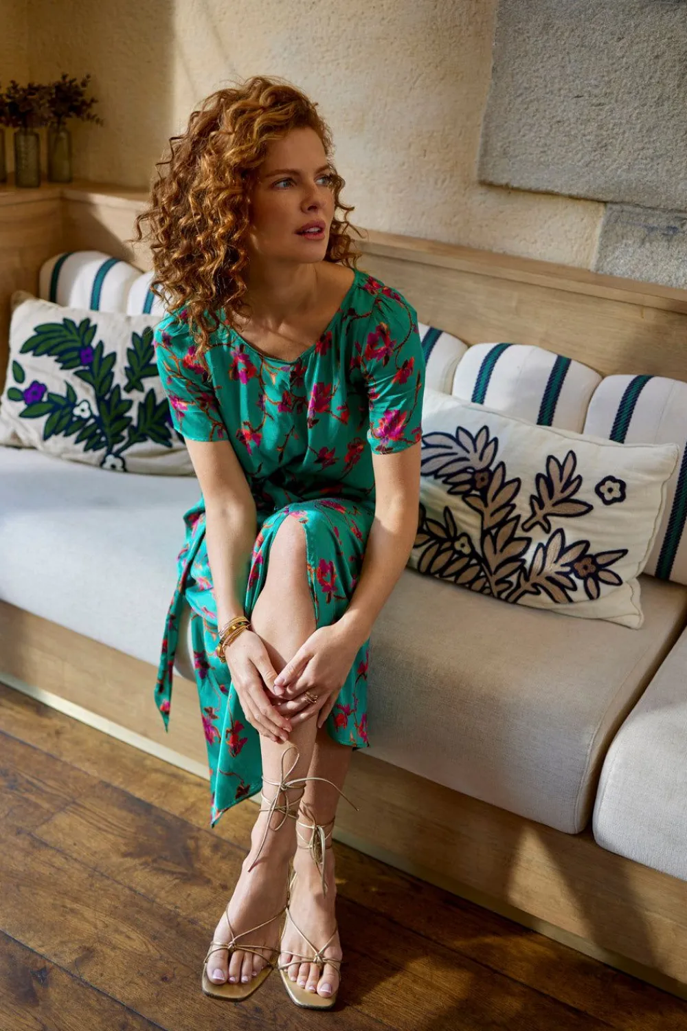 Robes & Combinaisons^One Step Rissa - Robe Midi Green Grass Lenzing Ecovero A Imprime Fleurs De Fete