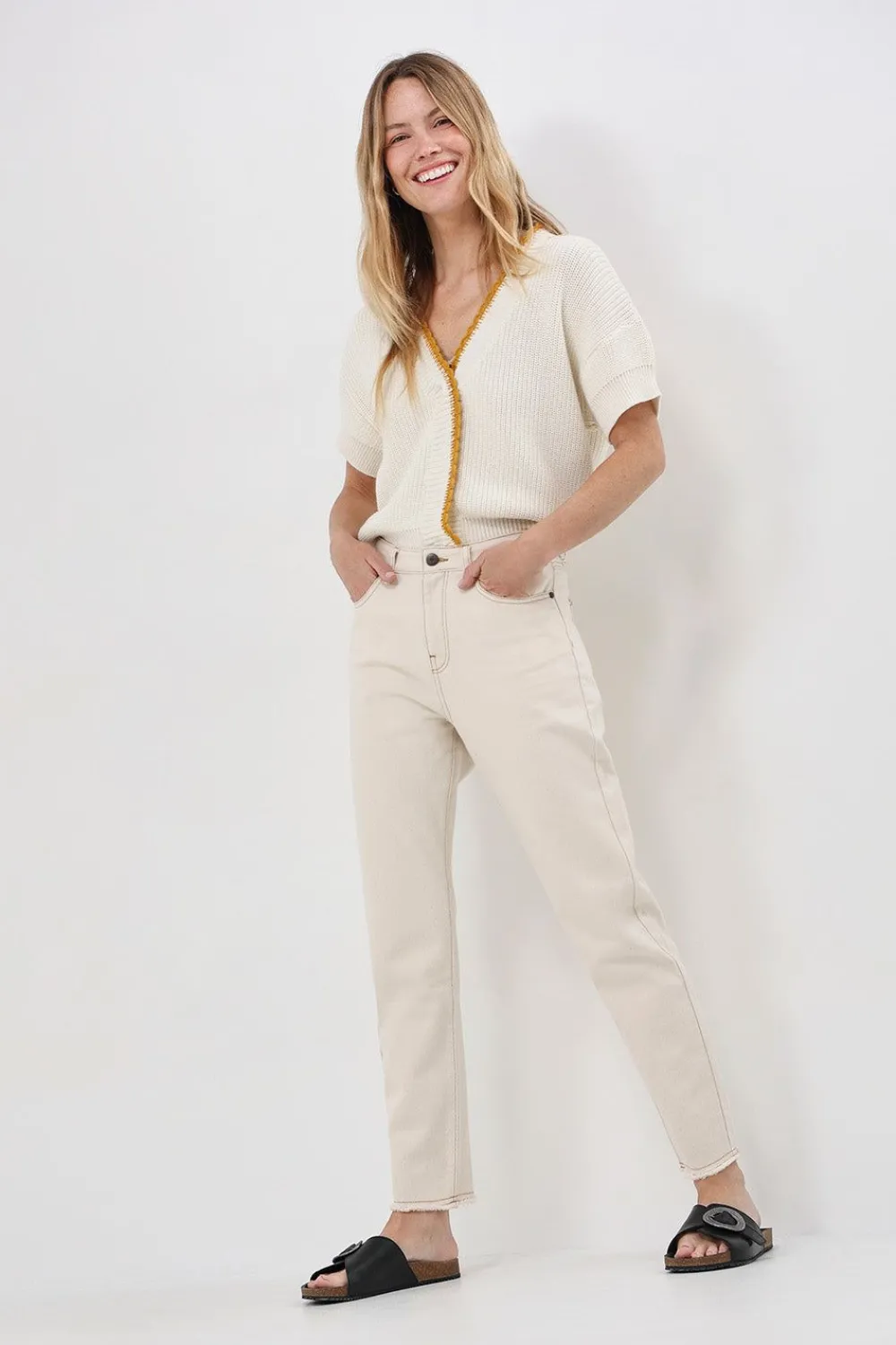 Pulls, Gilets & Sweats^One Step Tess - Cardigan Ivoire Manches Courtes Tricot Borde Camel