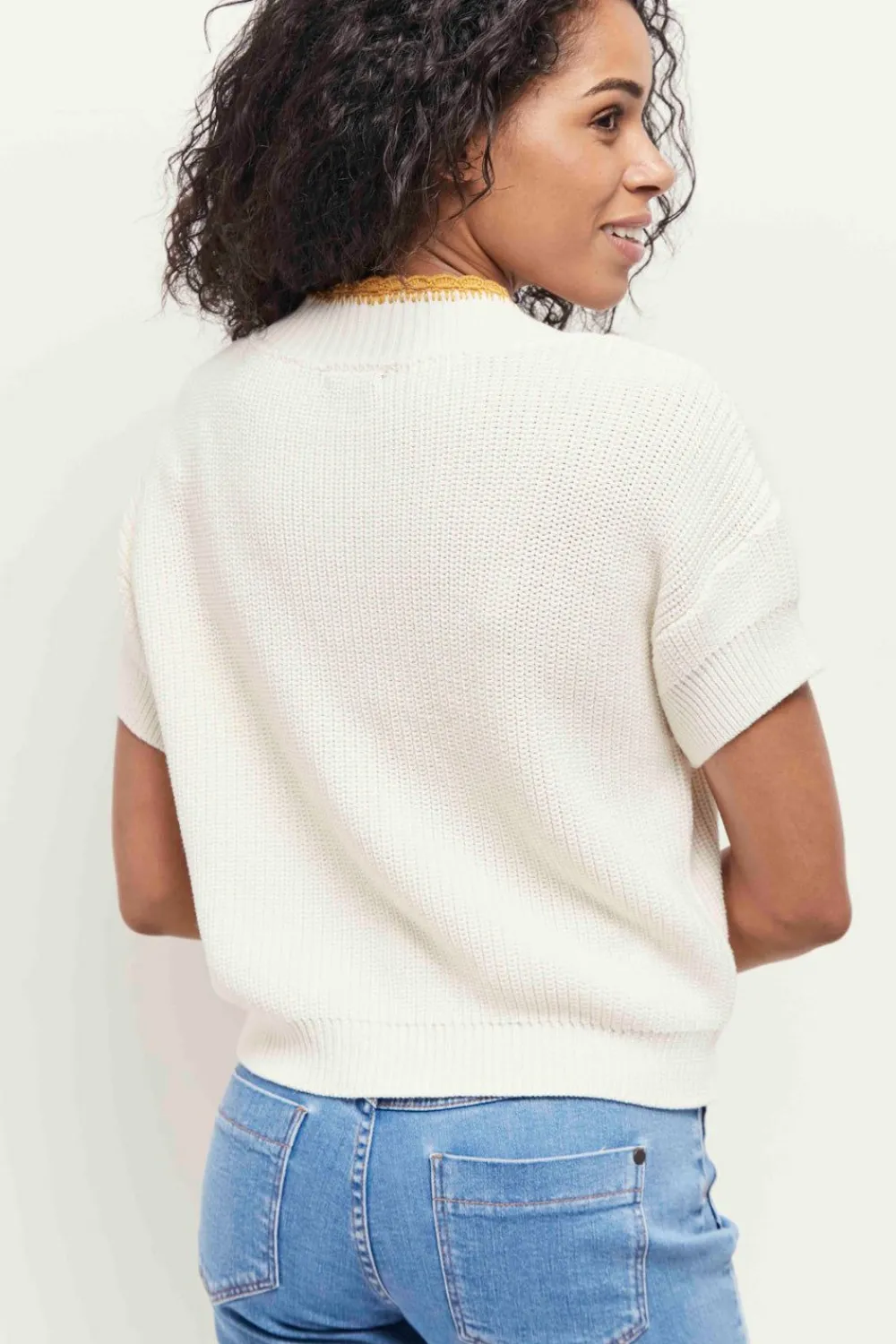 Pulls, Gilets & Sweats^One Step Tess - Cardigan Ivoire Manches Courtes Tricot Borde Camel