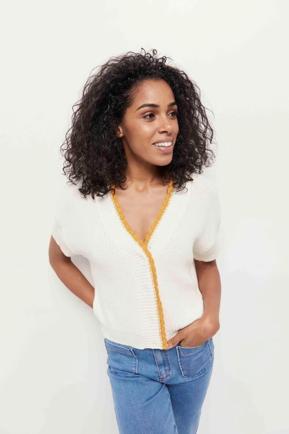 Pulls, Gilets & Sweats^One Step Tess - Cardigan Ivoire Manches Courtes Tricot Borde Camel